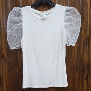 Blue Rain White Top with Sheer Puff Sleeves